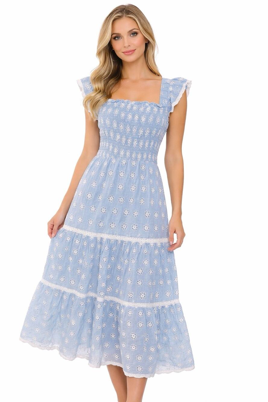 STS Sail To Sable Womens Floral Eyelet Tiered Lace Smocked Dress Blue Small